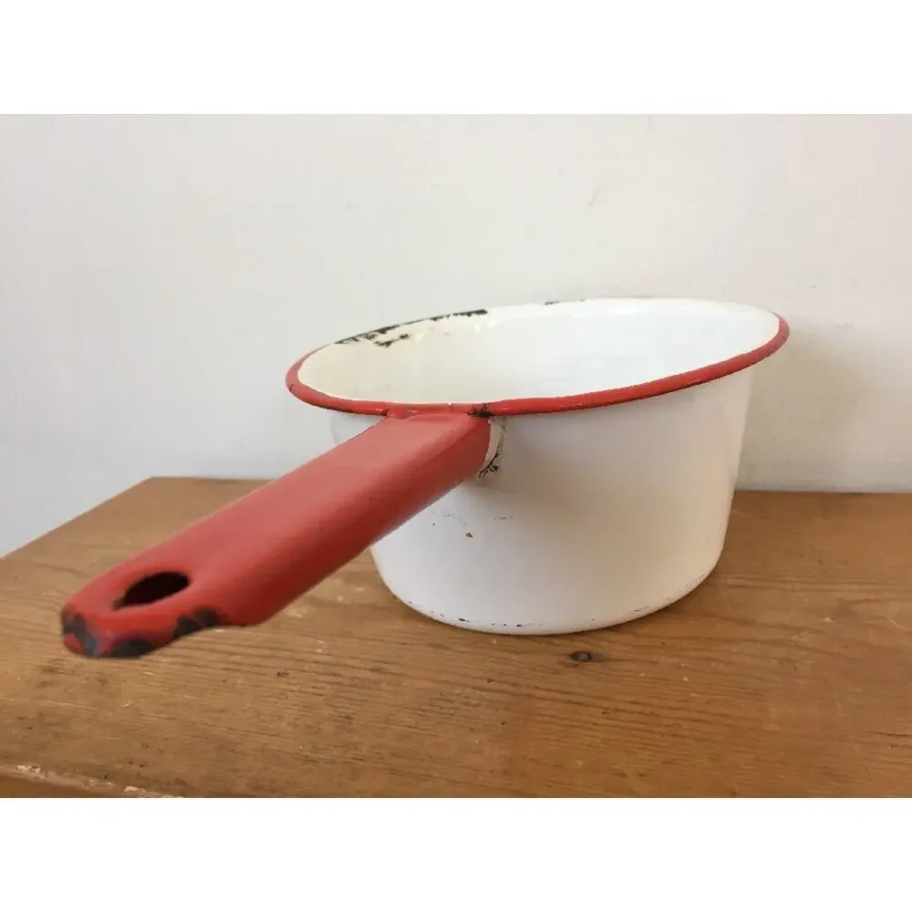 Vintage Antique White Red Metal Enamelware Primitive Small Sauce Pot Pan 7